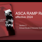 Picture of ASCA National Model book with the words ASCA RAMP Rubric Effective 2024 submissions; Section 2 - Annual Student Outcome Goals